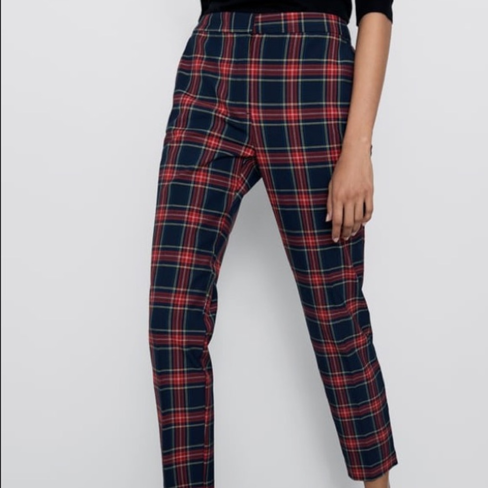 Zara Tartan Plaid Checkered Red High Waisted Elastic Trousers